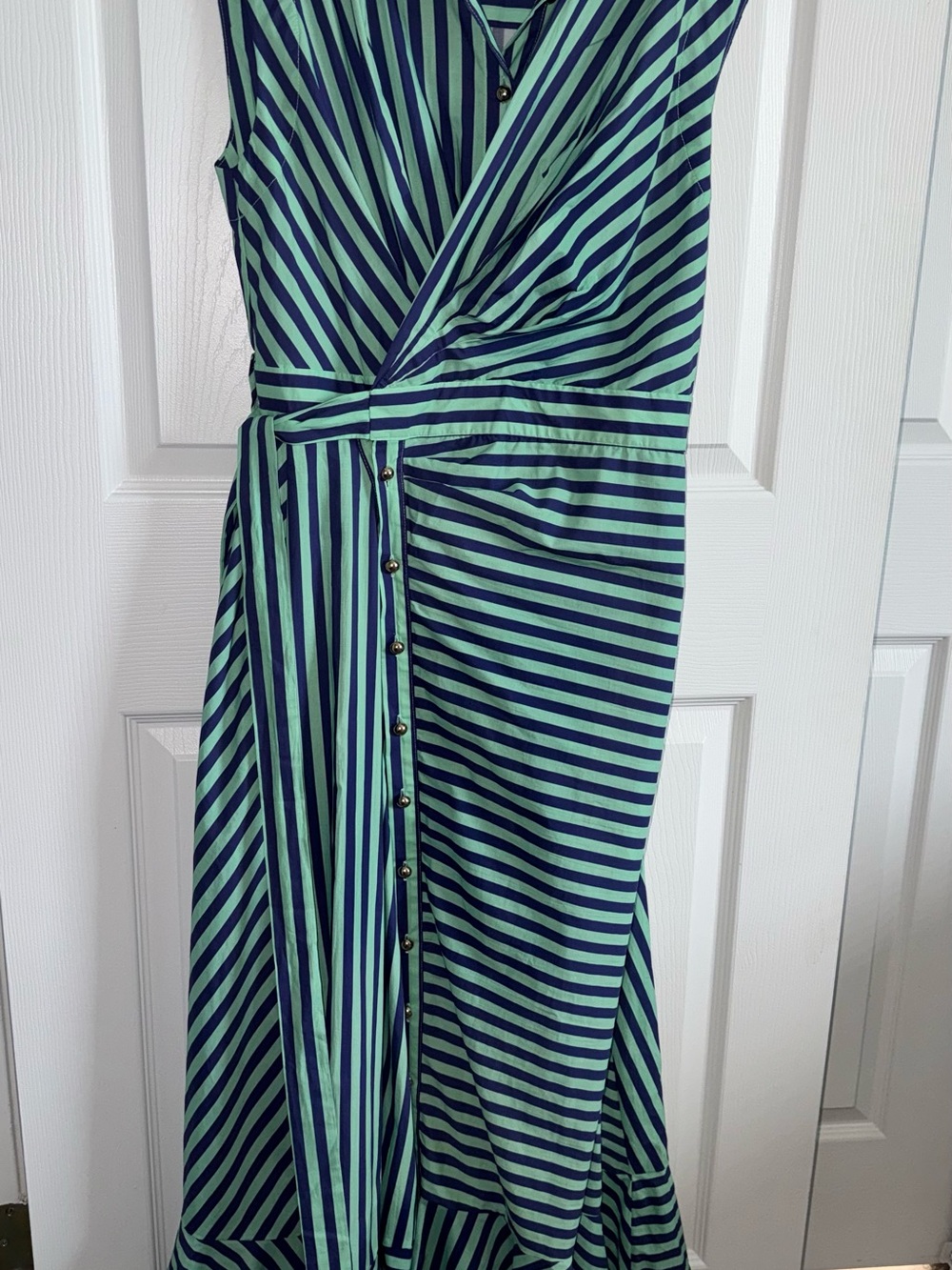 ENTRO Striped Sleeveless Wrap Maxi Dress in Mint and Navy